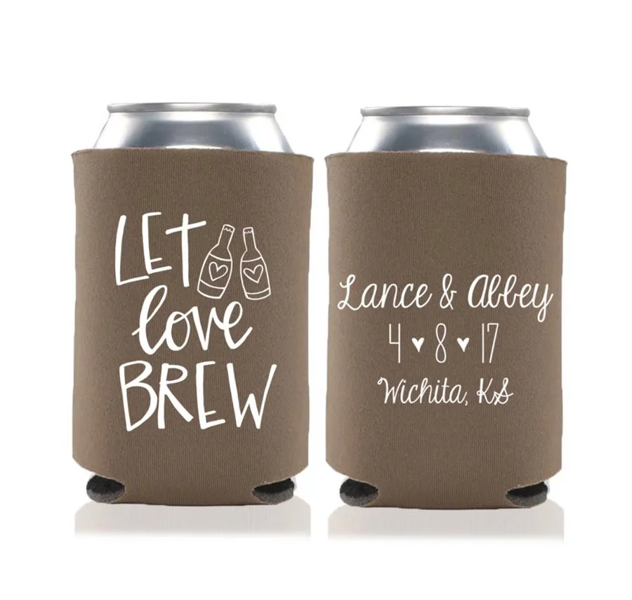 Wedding Favors - Let Love Brew Personalized Can Coolers, DIY Favors for Guests, Rustic Destination Wedding, Beer Insulators