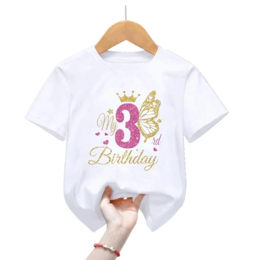 Black Tshirt My 1-9th Happy Birthday Princess Golden Butterfly Theme T-Shirt Baby Girls Gift Kids Clothes Short Sleeve Tees Tops
