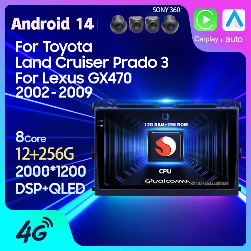 

Android 14 Carplay Auto For Toyota Land Cruiser Prado 120 For Lexus GX470 GX 470 J120 2002-2009 Car Radio 2 Din Player GPS Video