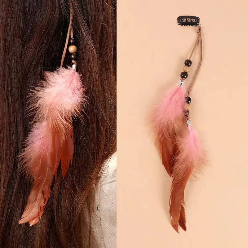 Vintage Feder-Haaraccessoire, Langes Boho-Fransen-Stirnband mit Perlen, Handgefertigte Festival-Haarspange für Frauen – Detail 2