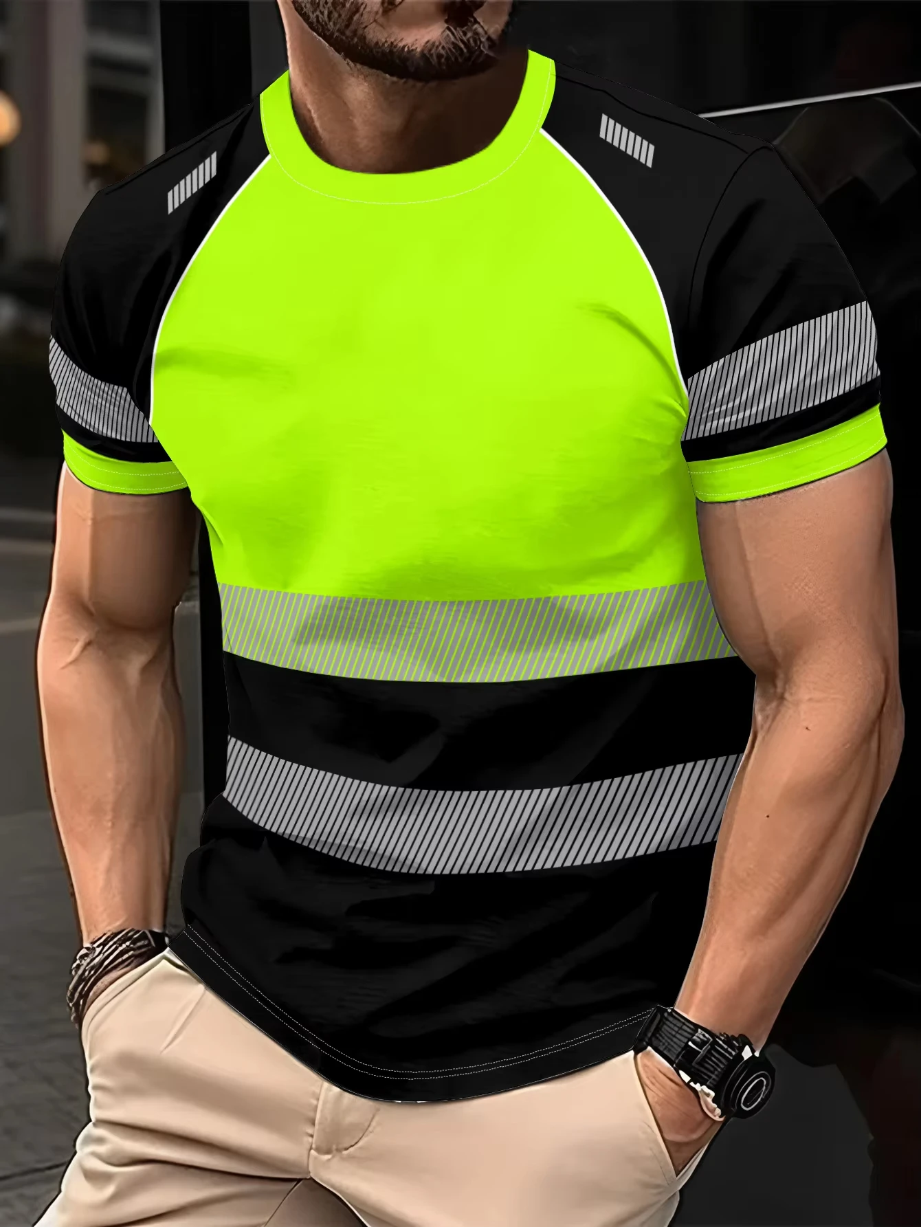 Nouveau T-shirt décontracté à manches courtes pour homme, imprimé à rayures, respirant, col rond, co