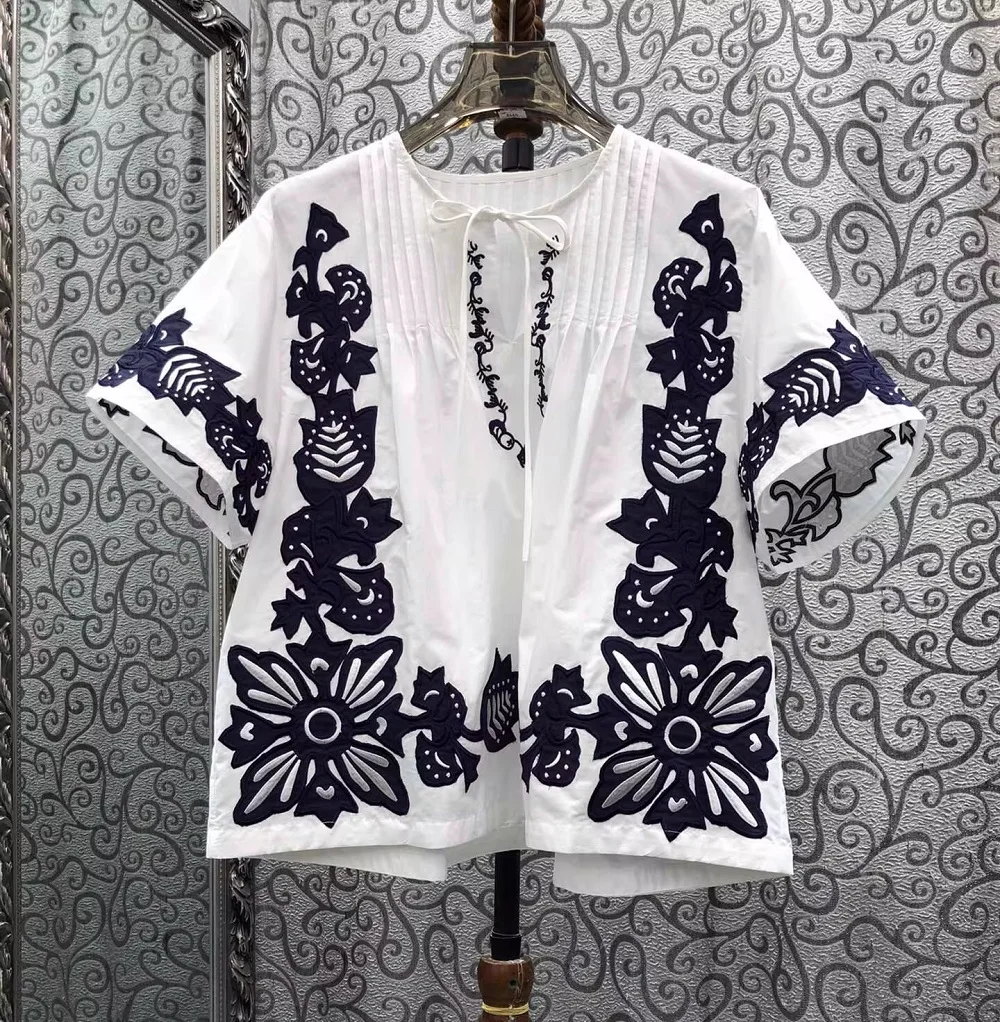 

100%Cotton Blouse Shirt 2026 Summer Fashion Women Luxurious Floral Embroidery Short Sleeve Casual Vintage White Blue Tops Female