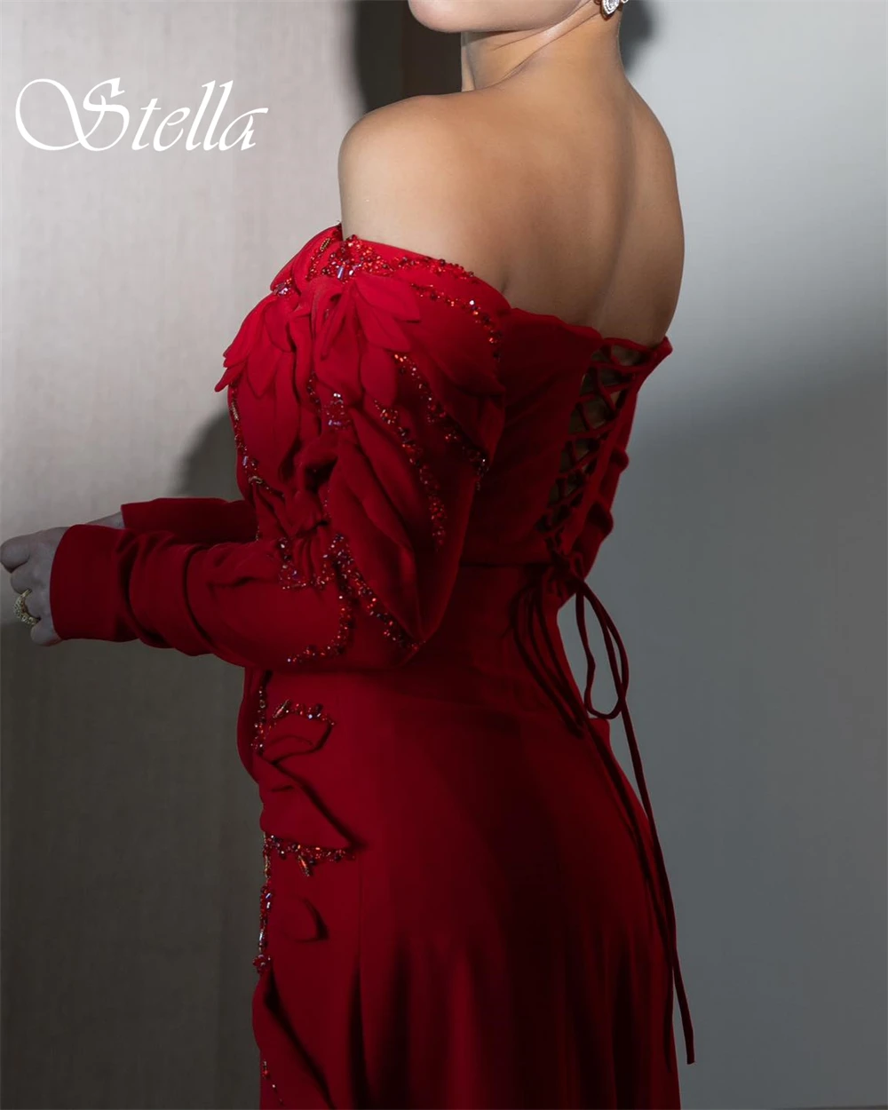 Sukienka wieczorowa na ramiączkach z długim rękawem, wysokiej jakości, z dżerseju, na studniówkę, z delikatnymi kryształkami, szyta na miarę, wykwintna.