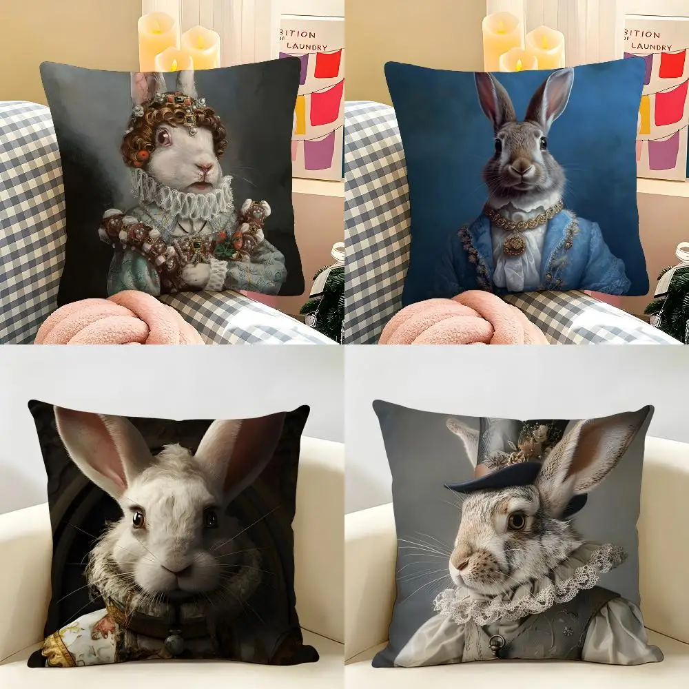 Rabbit Portrait Renaissance Cushion Cover Natural Linen Organic Fabric Double-Sided Printing Room Sofa Decor Pillow Case