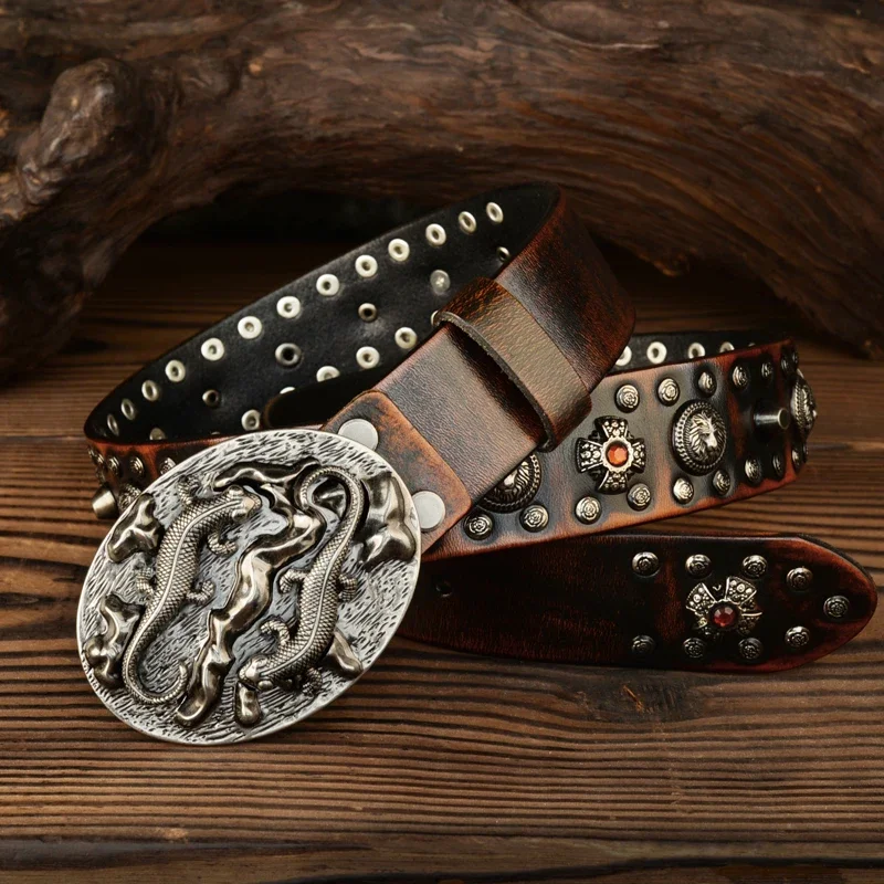 Punk Men Belt Genuine Leather Belt Male Cowboy Rock Rivet Black Strap Ceinture Homme Riem Jeans Studded Western Belt Cool