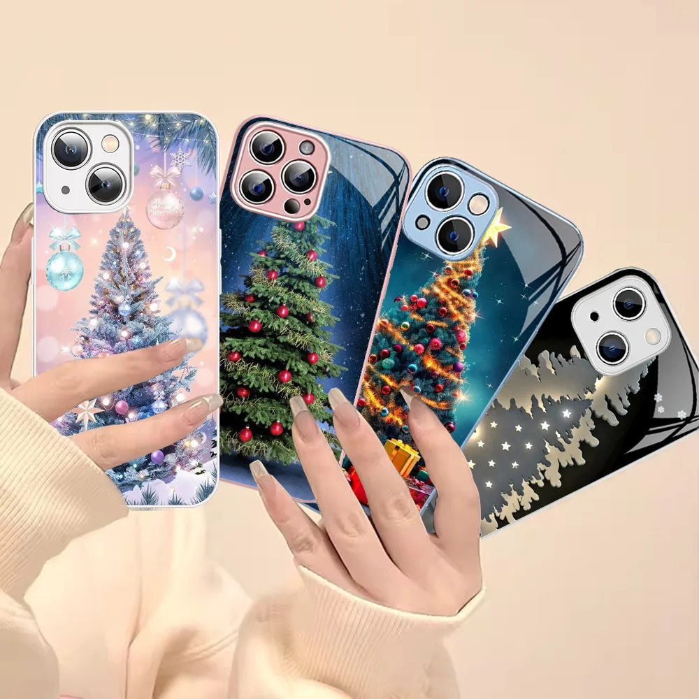 

Merry Christmas Deer Tree Lights Phone Case Tempered Glass For Iphone 14 13 12 11 Pro Mini XS MAX 14Plus X XS XR Cover