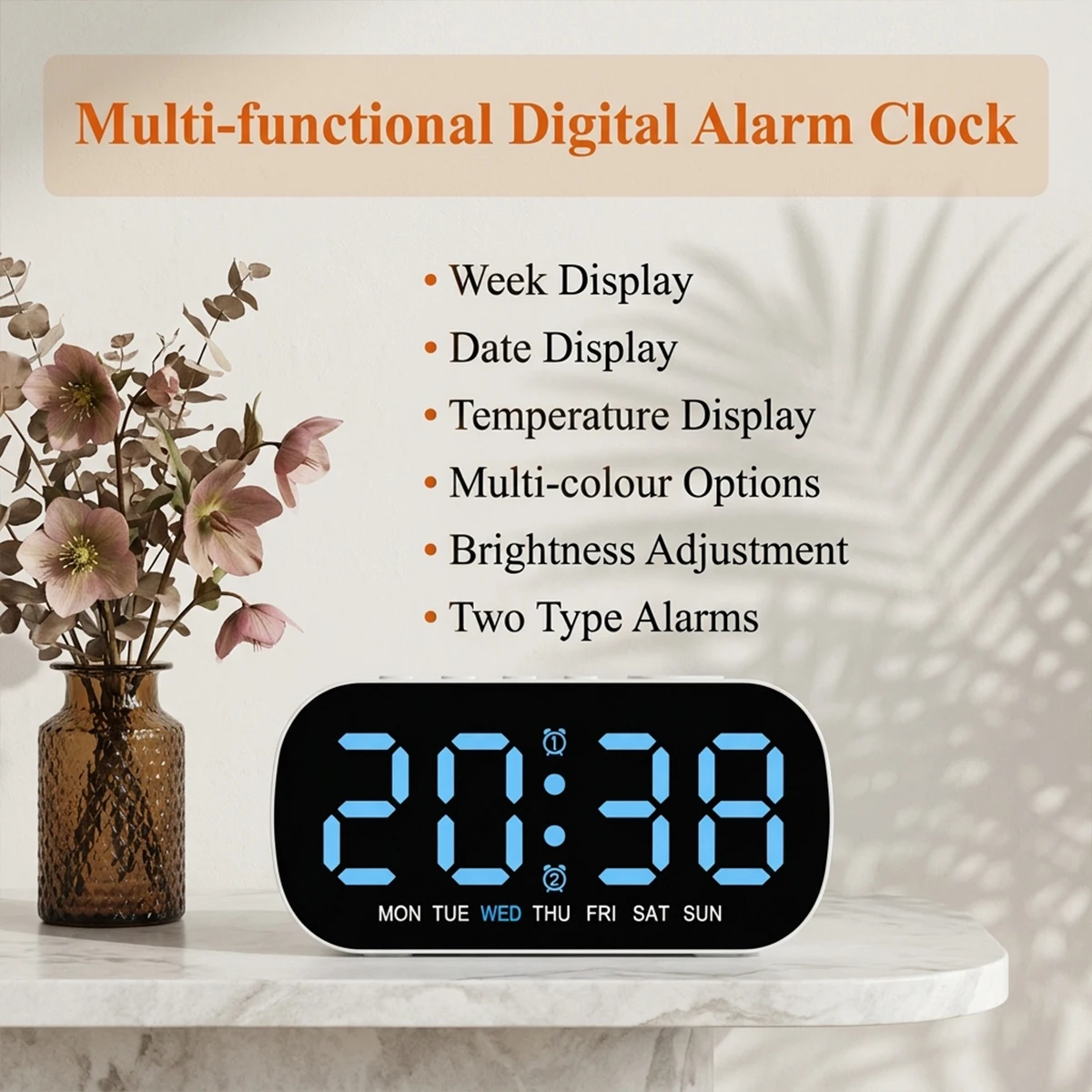 USB Powered Digital Alarm Clock Temperature Date Week Dual Alarms Night Mode Snooze Clock 5 Levels Brightness 12/24H LED Clock