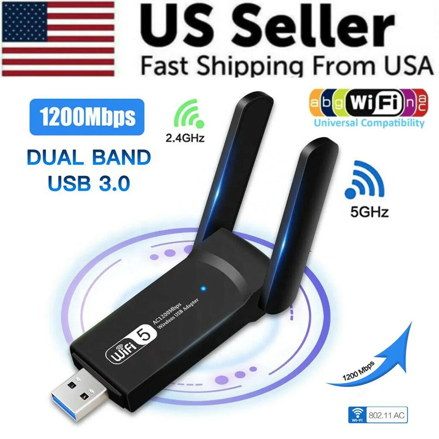 

1200Mbps Long Range AC1200 Dual Band 5GHz Wireless USB 3.0 WiFi Adapter Antennas