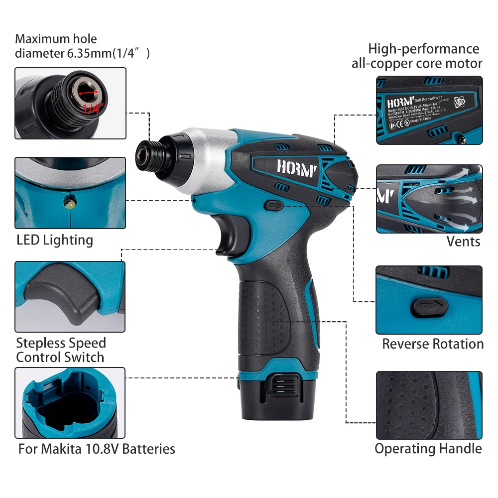 Электрическая отвертка 10,8 В, высокопроизводительная отвертка, комбинированный набор ударных отверток, полностью медный двигатель для батареи Makita