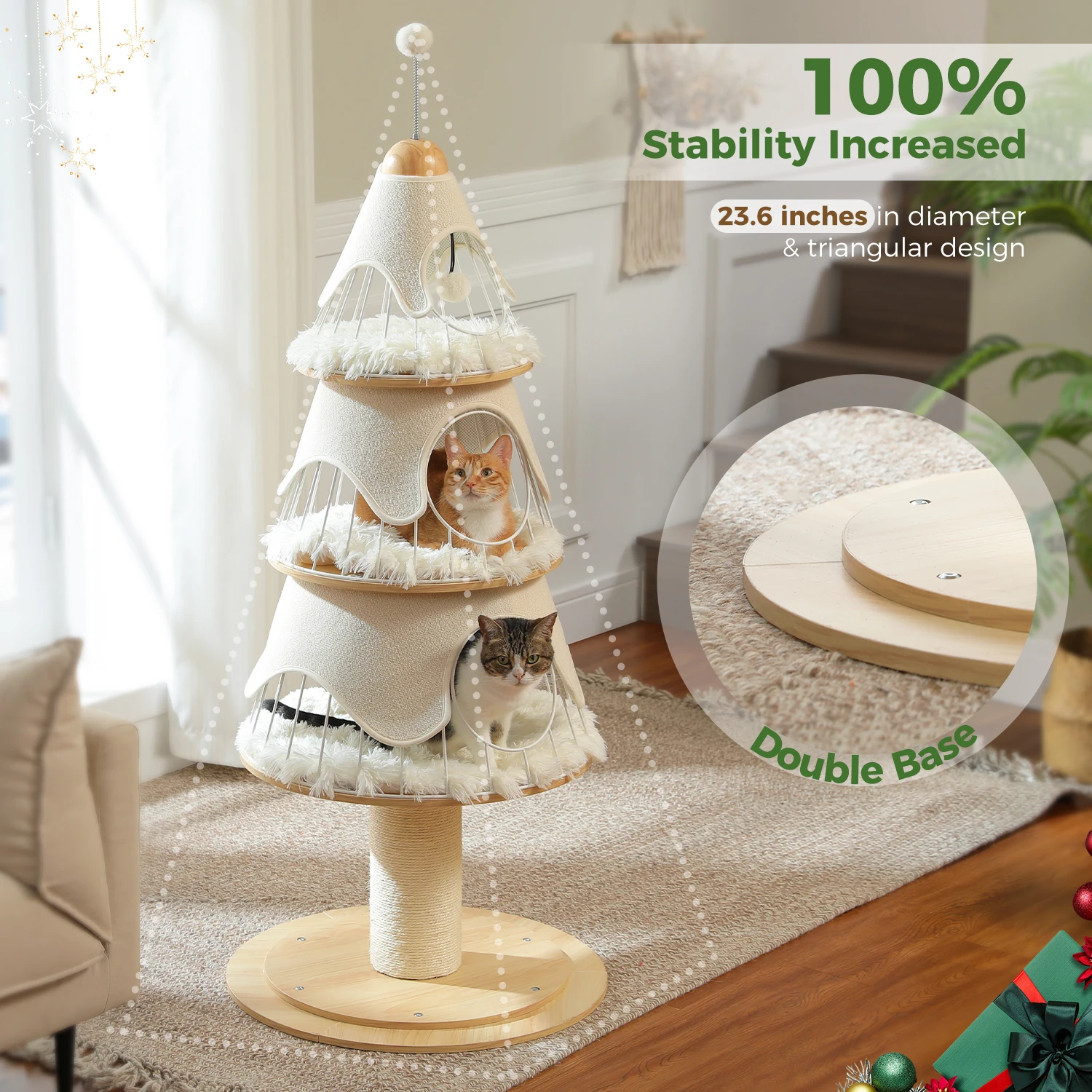 Christmas Cat Tree with 3 Cat Condos, Sisal Scratching Post, Modern Cat Tower for Indoor Cats, Cat Furniture, Kitten Toys Gift