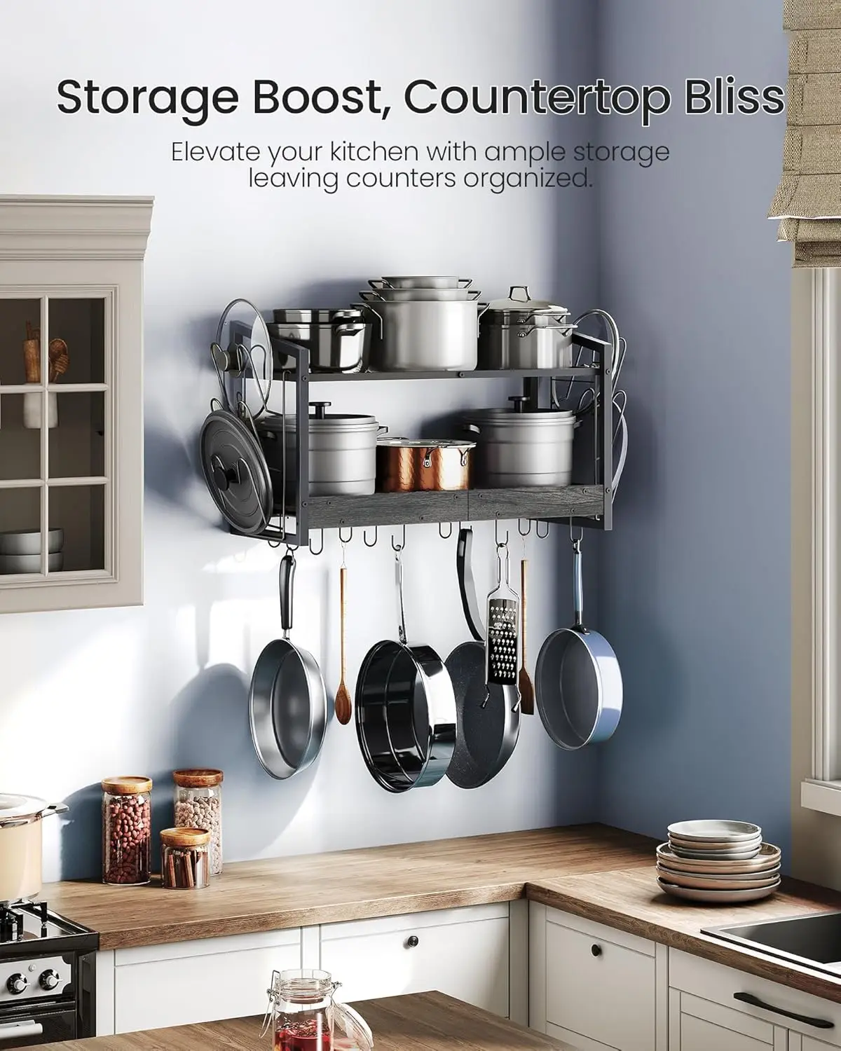 رف أوعية معلق، رف أوعية مثبت على الحائط، منظم وعاء المطبخ وغطاء من طبقتين، حامل أواني طهي مثبت على الحائط مع 12 خطافًا، لـ K