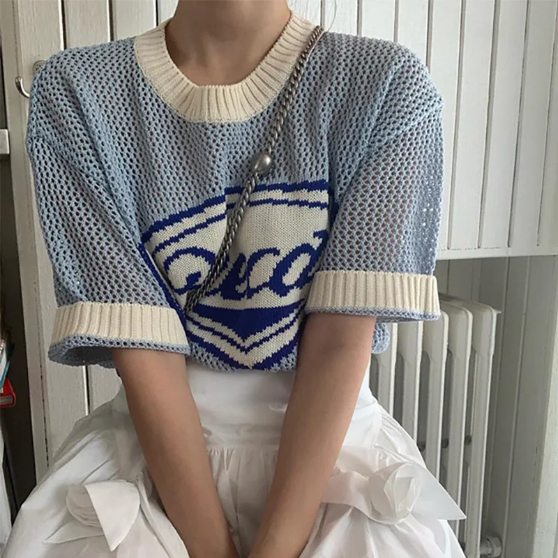 Blue Hollowed Out O-Neck Letter Short Sleeve Women\'s Pullover Top Summer T-shirt Korean Simple Sheer Loose Casual Color Clothing