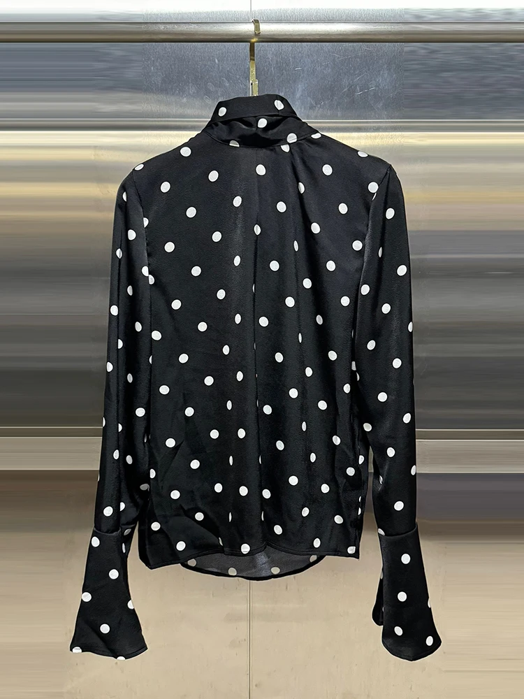 VGH Polka Dot Patchwork Lace Up Shirts For Women Stand Collar Long Sleeve Colorblack Temperament Slimming Blouses Female Style