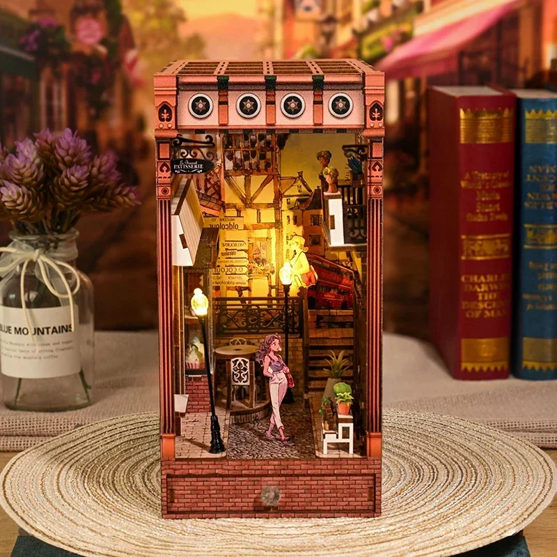 

NEW Retro DIY Wooden Book Nook Shelf Insert Miniature Kit, European City Streetscape Bookshelf Home Bookend Decor Handmade Gifts