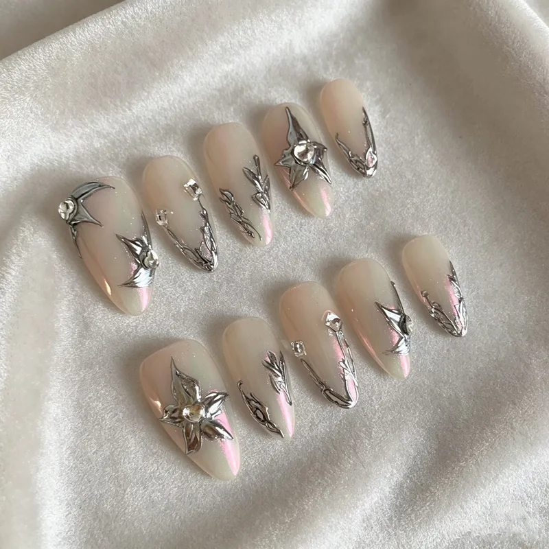 10pcs Handmade Y2K Press on Nails Reusable Adhesive Almond Powder False Nail Manicure Fake Nails Art Gorgeous Medium-length Tips
