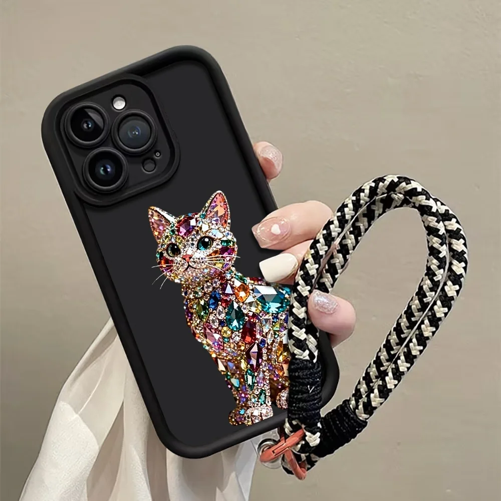 Funda de silicona mate a prueba de golpes con correa de cuerda y gema de diamante colorida para iPhone 14 15 16 17 ProMax 15 14 13 Pro Plus