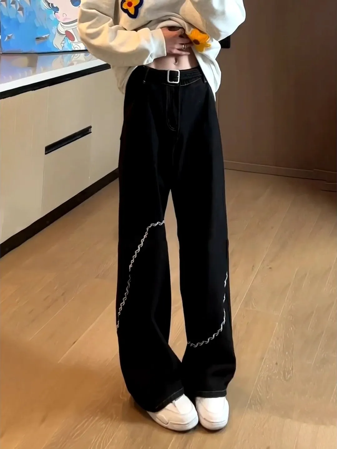 

American Retro Embroidered Denim Jeans Men's Winter High Street Vibe Pants Drapey Straight Loose Wide Leg Jeans