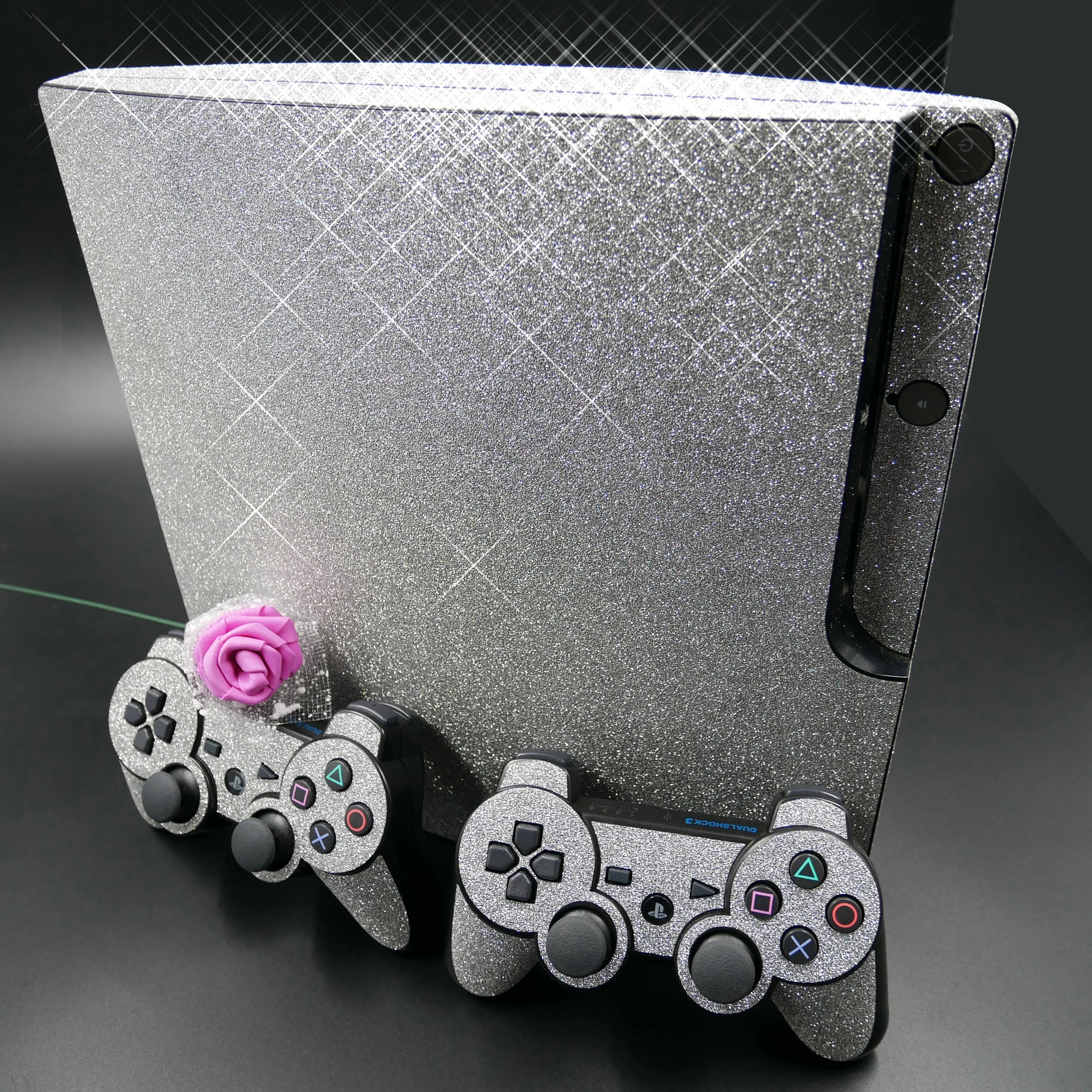 Protector de Vinilo Brillante Plateado con Purpurina para Sony PS3 Slim PlayStation 3 Slim y 2 pegatinas para controles