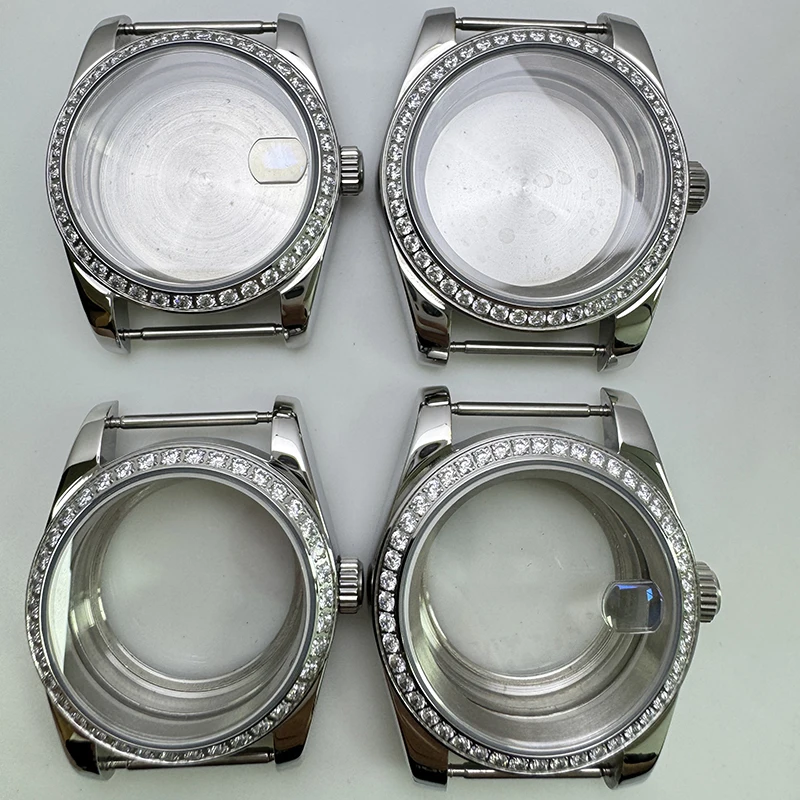NH35 316L Stainless Steel 36mm/39mm Silver Diamond Sapphire Magnifying Glass Watch Case Fit NH35/NH36 Movement
