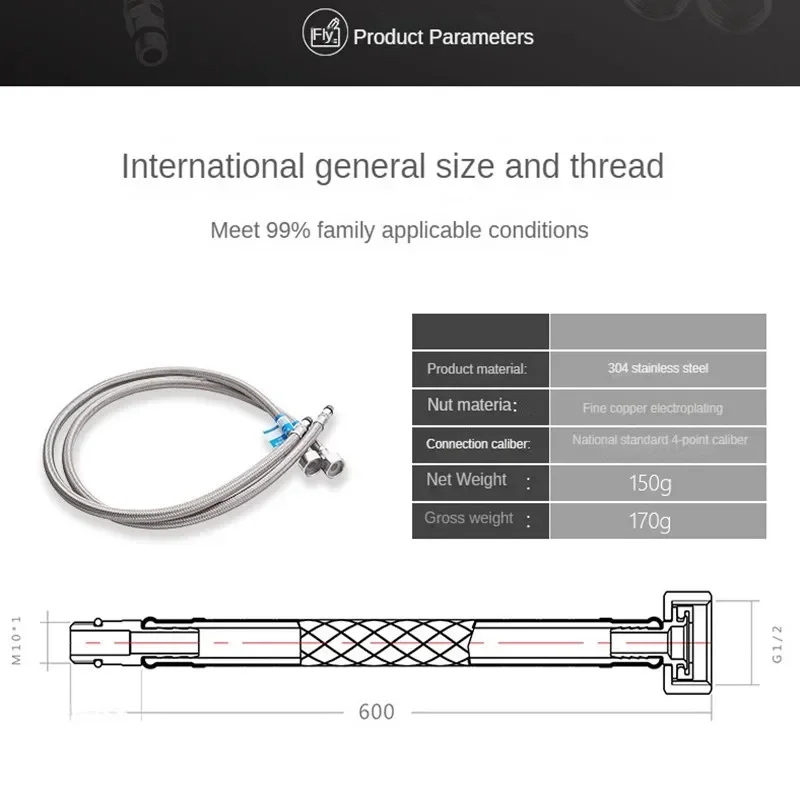 G1/2 G3/8 G9/16 60cm 1 Pair Stainless Steel Flexible Quality Water Inlet Hose Basin Hot and Cold Water Kitchen Sink Faucet Hoses