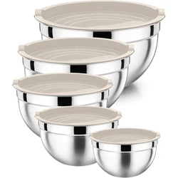 5PCS 14/16/18/22/26cm Mixing Bowls with Lids Stainless Steel Nesting Salad Bowl Refrigerator & Dishwasher Safe