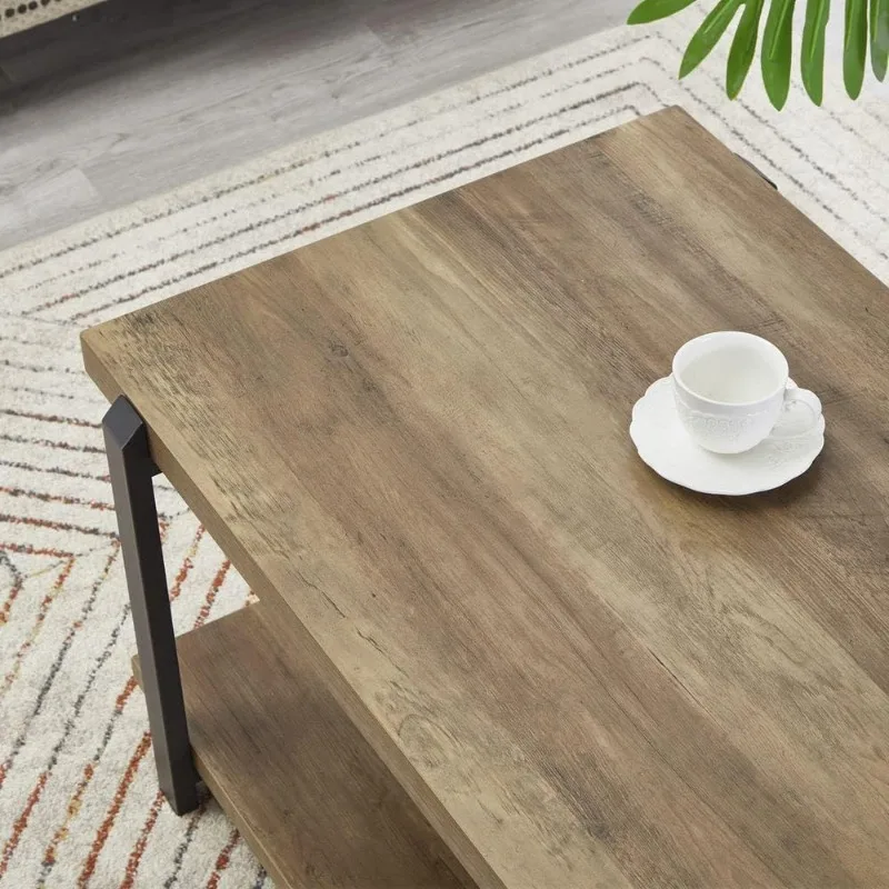 Tavolino da caffè industriale con ripiano, tavolo da cocktail rustico in legno e metallo per soggiorno, rovere