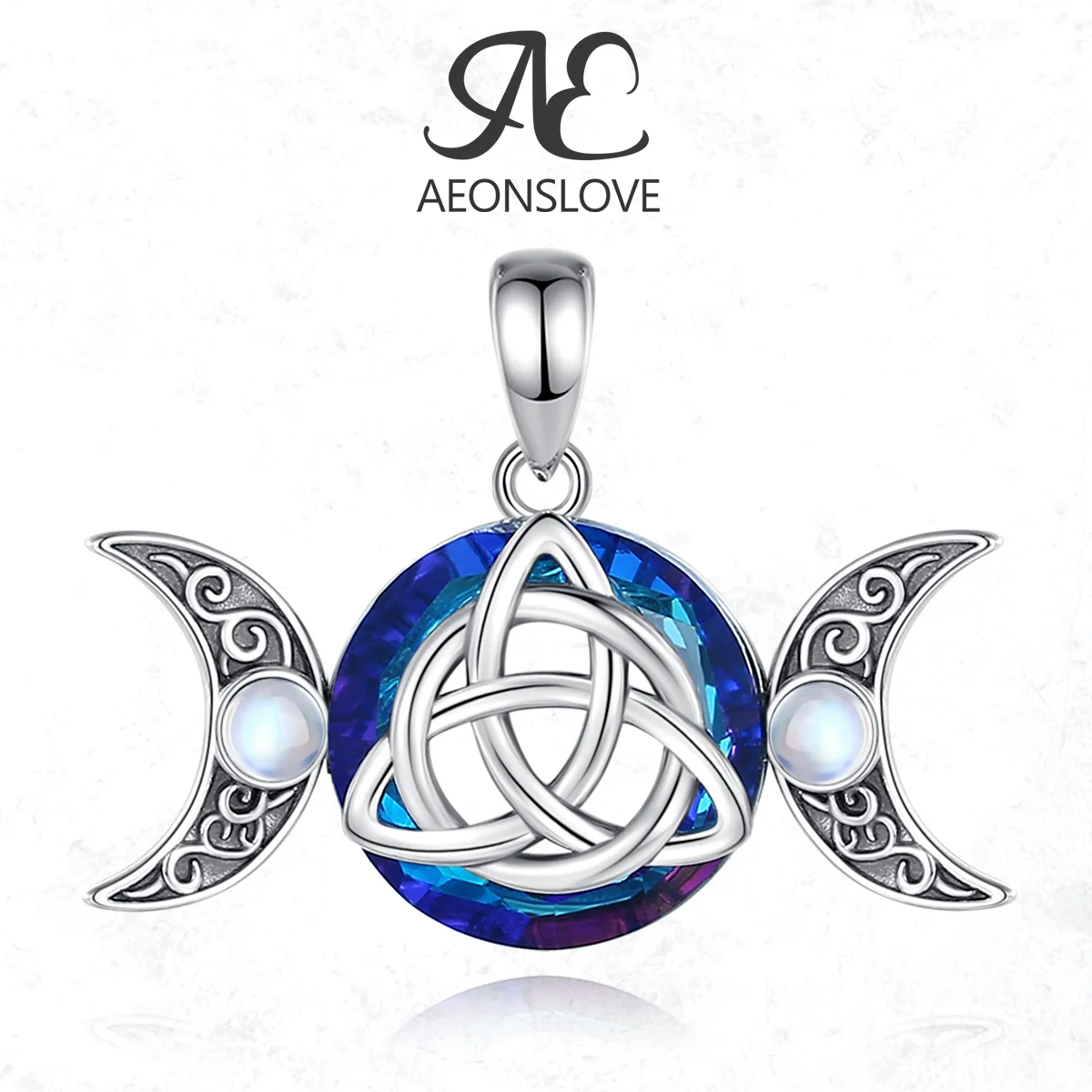 AEONSLOVE 925 Sterling Silver Triple Moon Goddess Necklace Austrian Crystal Moonstone Triquetra Pendant Witch Jewelry for Women