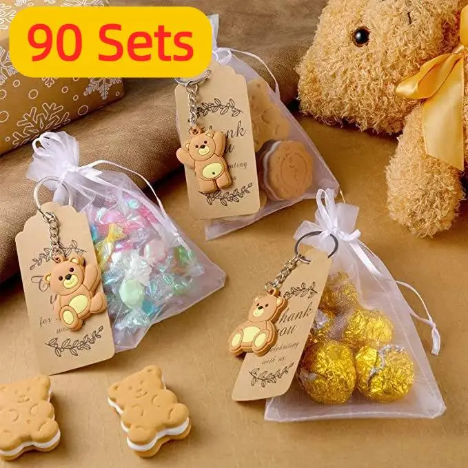 

90 комплектов сувениров для детского душа, подарочный брелок с медведем и сумкой из органзы, крафт-бирка с благодарностью для гостей, девочек и мальчиков, поставка для дня рождения