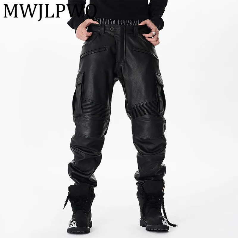 

MWJLPWQ Deconstructed Motorcycle PU Leather Trousers Men Autumn Winter Boys Black Punk Slim Street Racing Pants 2025 Chic 12752