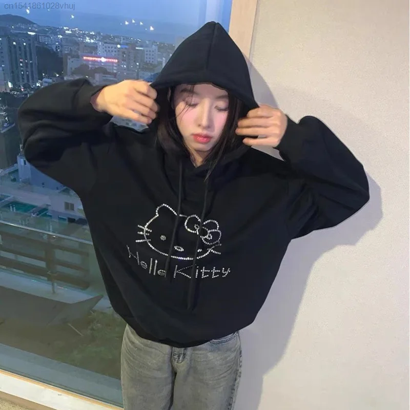 Sanrio Hello Kitty Rhinestone Hooded Sweatshirt 90s Fashion Clothes 2000s Aesthetic Korean Stylish Harajuku Black Hoodie Female