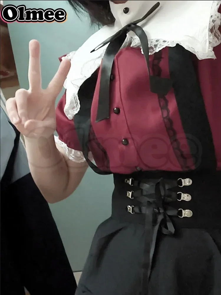 [Olmee] متوفر في المخزون تي شيرت دانتيل بياقة مربعة حمراء جيراي كي تي شيرت أميشان كوسبلاي حلو ريوسان غاتا لوليتا y2k فتاة محتاجة جرعة زائدة