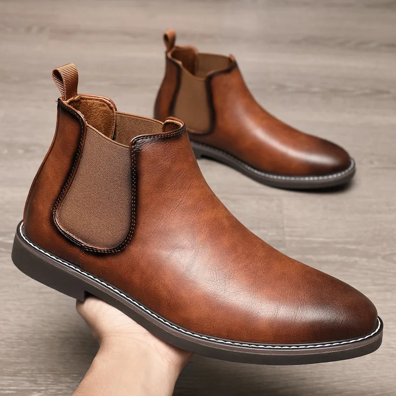 Autumn Pointed Toe Men Chelsea Boots Fashion Slip-On Genuine Leather High Shoes Dress Business Formal Casual Large Size 38-46