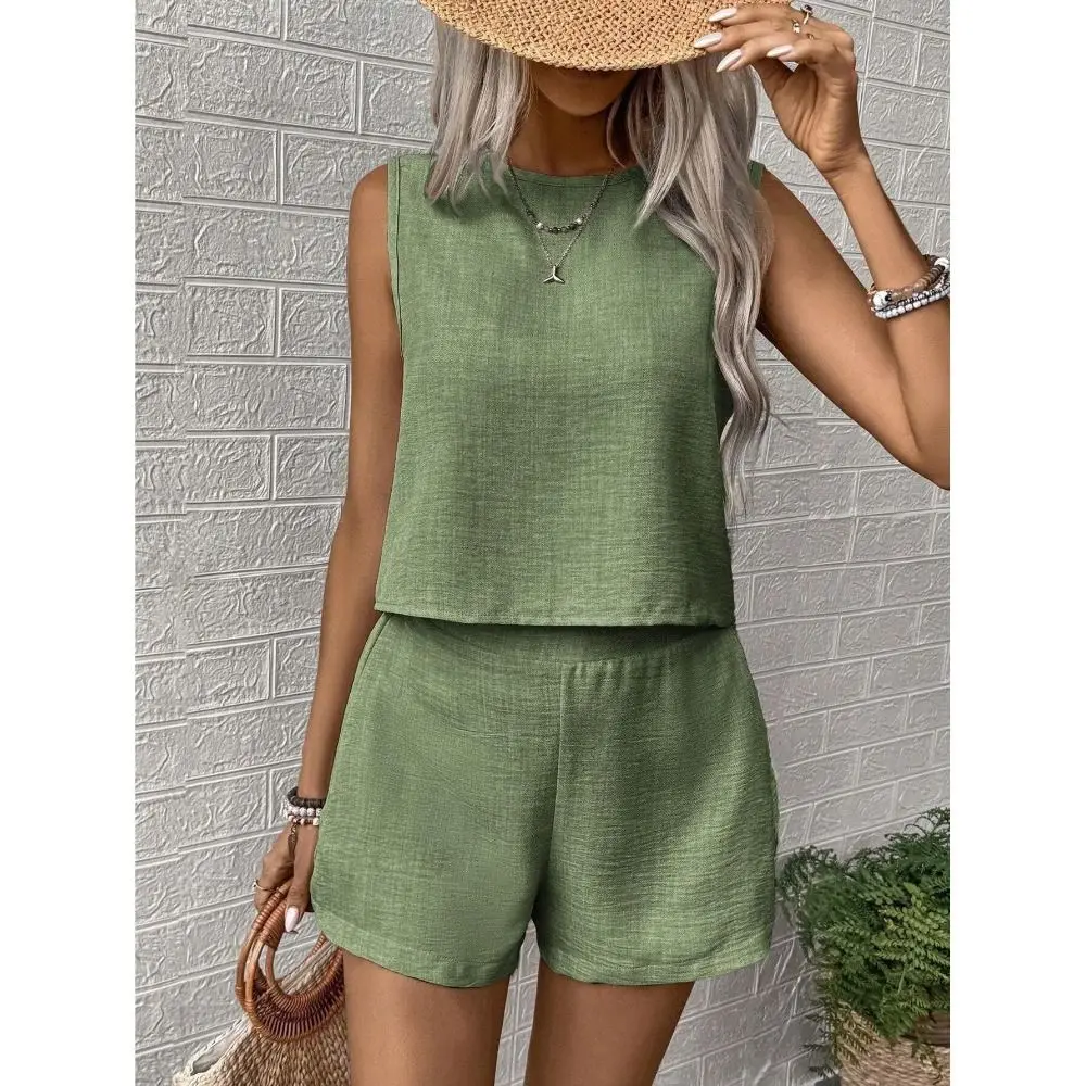 Fashion Solid Color Vest Shorts Set Simple Design Multi-size Sleeveless Top Set Tank Top&Shorts For Women