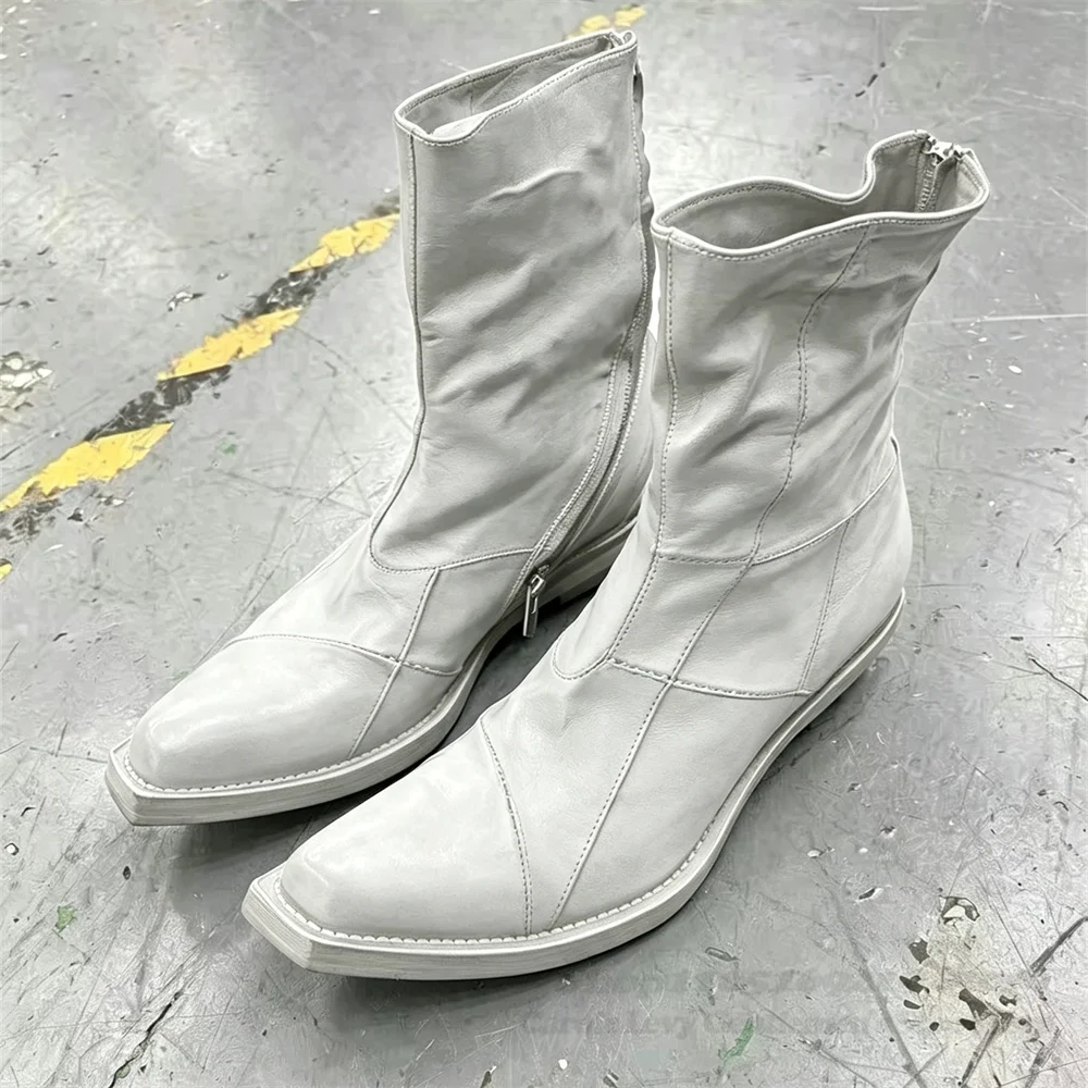 Retro Stitched Pointed Boots Men Square Toe Thick Heel Western Cowboy Workwear White Knight Boots Back Zipper Chelsea Boots