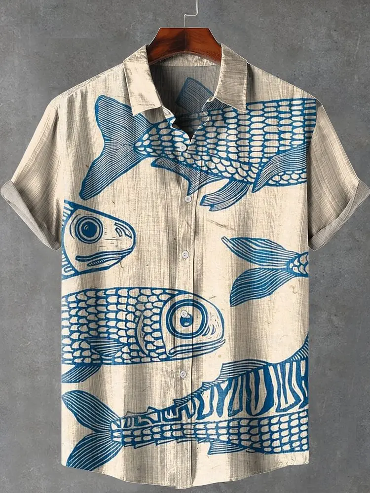 2025 elegant fish print men's new linen comfortable breathable fabric short sleeved shirt for fishing enthusiasts to wear - Image 2
