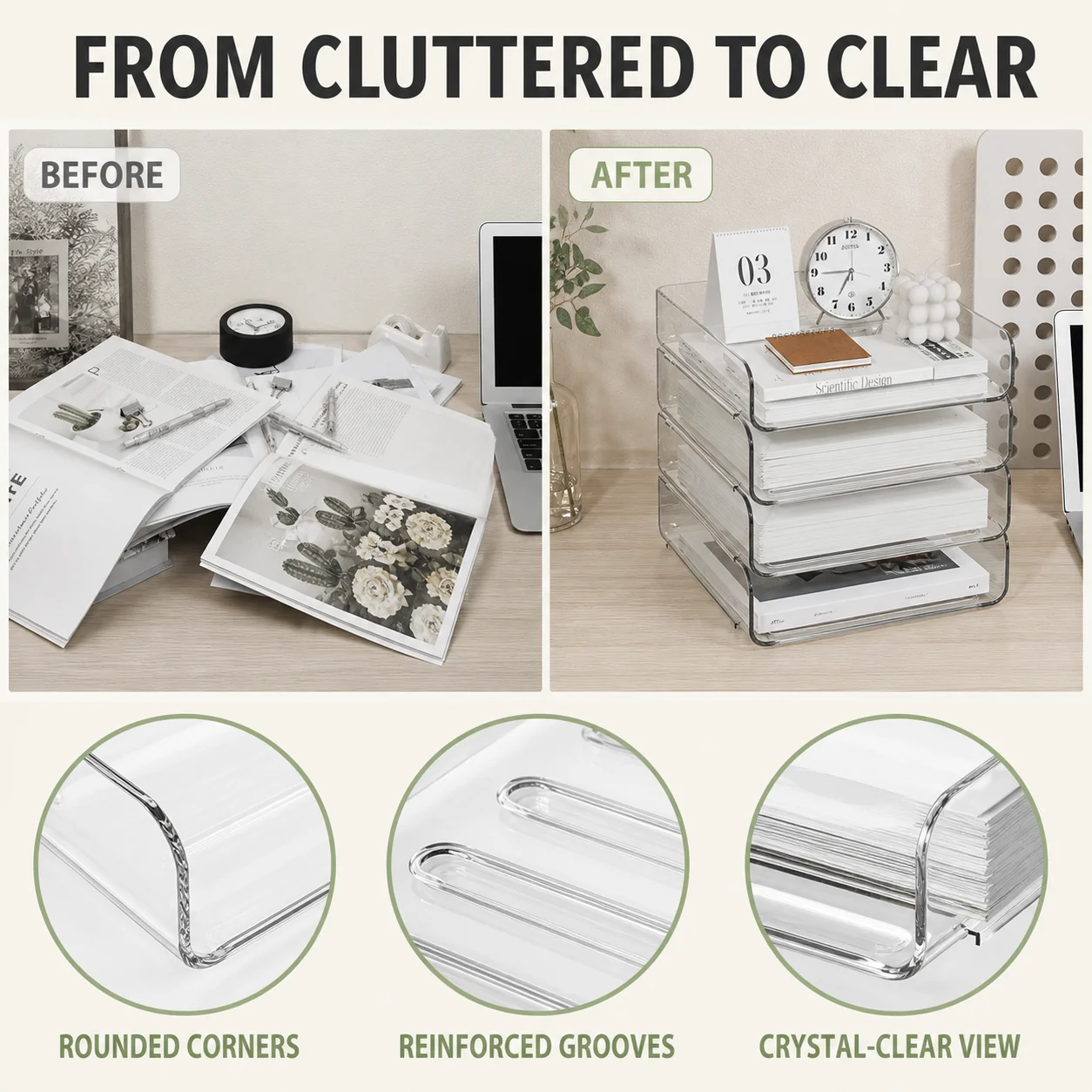Stackable 4-Tier Desktop File Organizer, Clear View Document Holder Rack for Office School, Sort To Do/In Progress/Completed