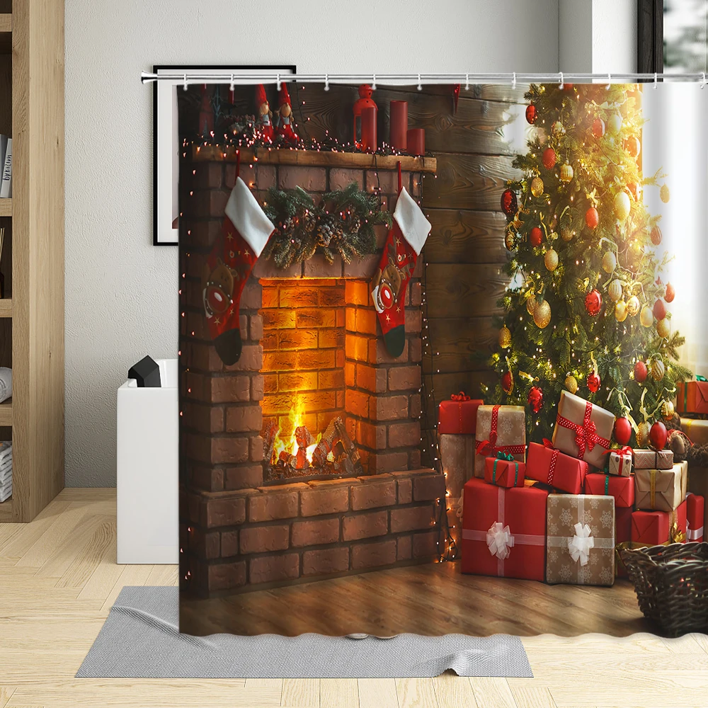 Merry Christmas Shower Curtain Set Xmas Tree Fireplace Sock Christmas Decoration Holiday Gift Wall Cloth Polyester Curtains Hook