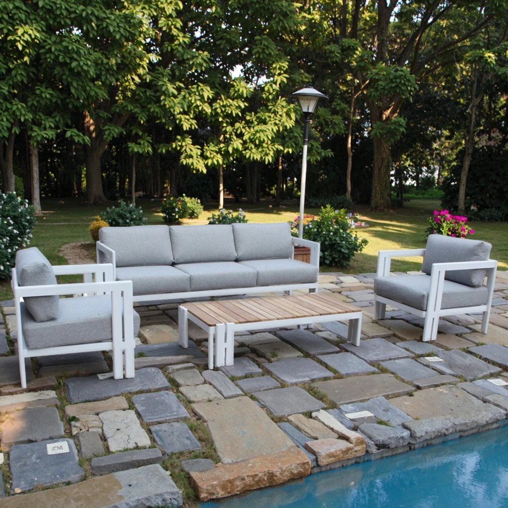 

Modern High Quality Outdoor Sofa Set Aluminum Frame Wood Furniture for Home Patio Courtyard Hotel Park Farmhouse Apartment
