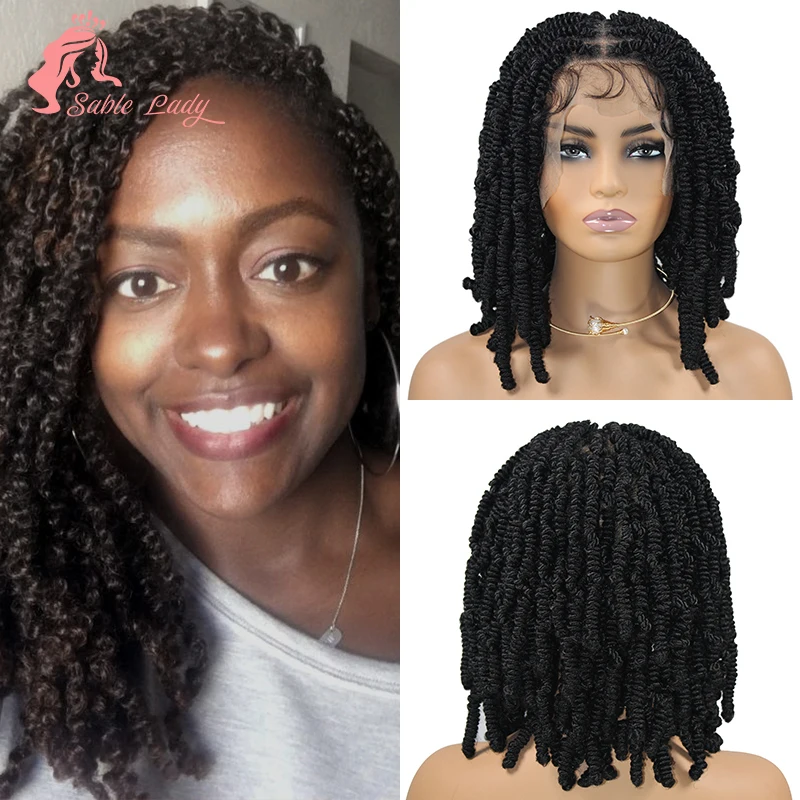 

12" Synthetic Spring Twist Braiding Hair Braids Short Black Braided Wigs Full Lace Front Wigs Sable Lady African Hair Faux Locs