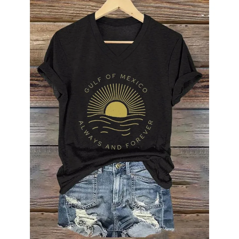 NEW Women's Gulf of Mexico Print T-Shirts Summer Casual V Neck Tops Short Sleeve Tees