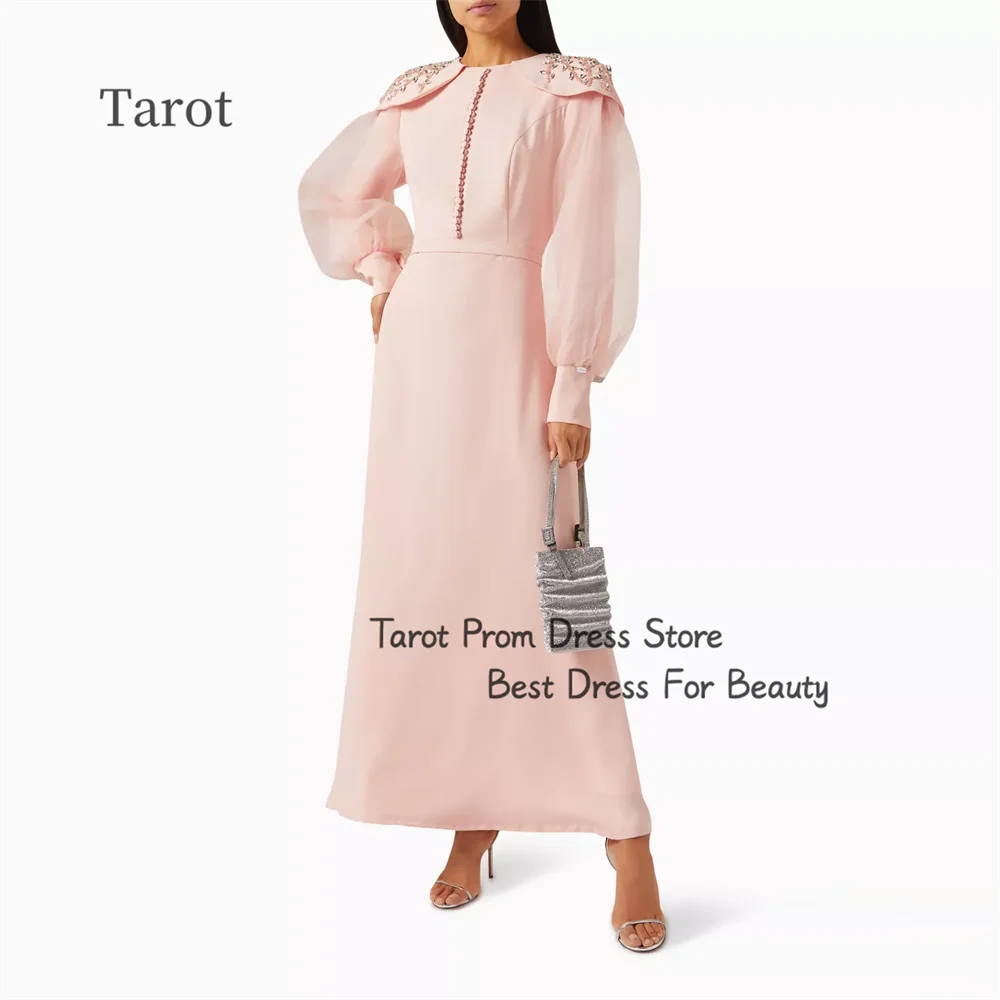 

Tarot Beading A Line O Neckline Evening Dresses Long Lantern Sleeves Ruffles Buttons Prom Dress Saudi Arabia robes de soirée