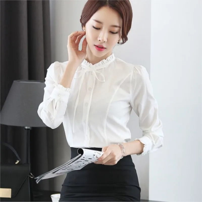 Fashion Korean White Blouse Women Blusas Stand Neck Chiffon Shirts Long Sleeve Bow Blouses Vintage Elegant Femme Tops NS5578