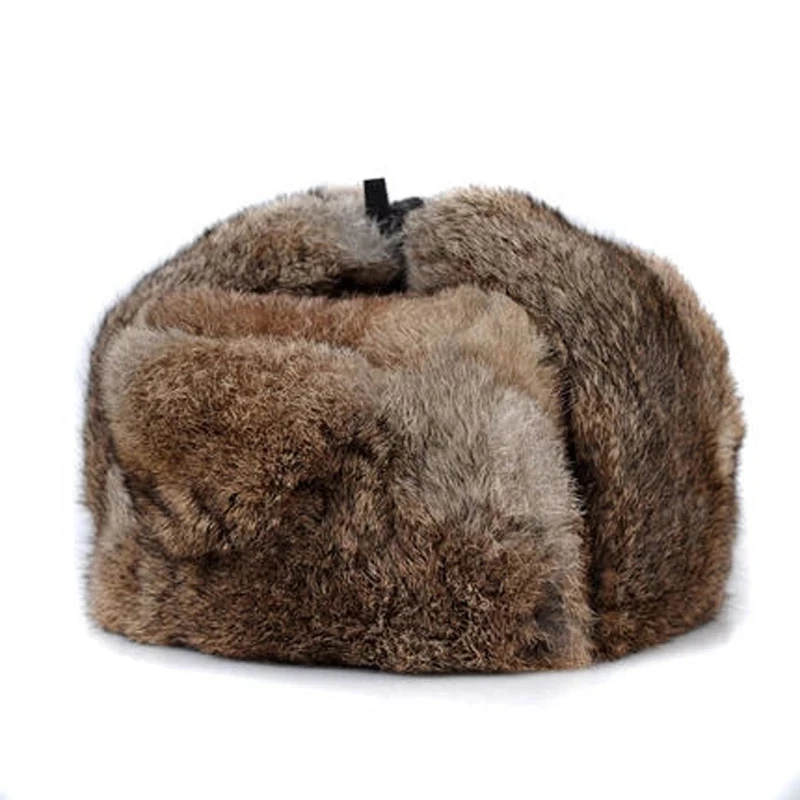 Rabbit Fur Cap Man Winter Genuine 100% Fur Bomber Hat Windproof Warm Earmuffs Male Flat Grey/Black Russian Hat Fitted Casquette