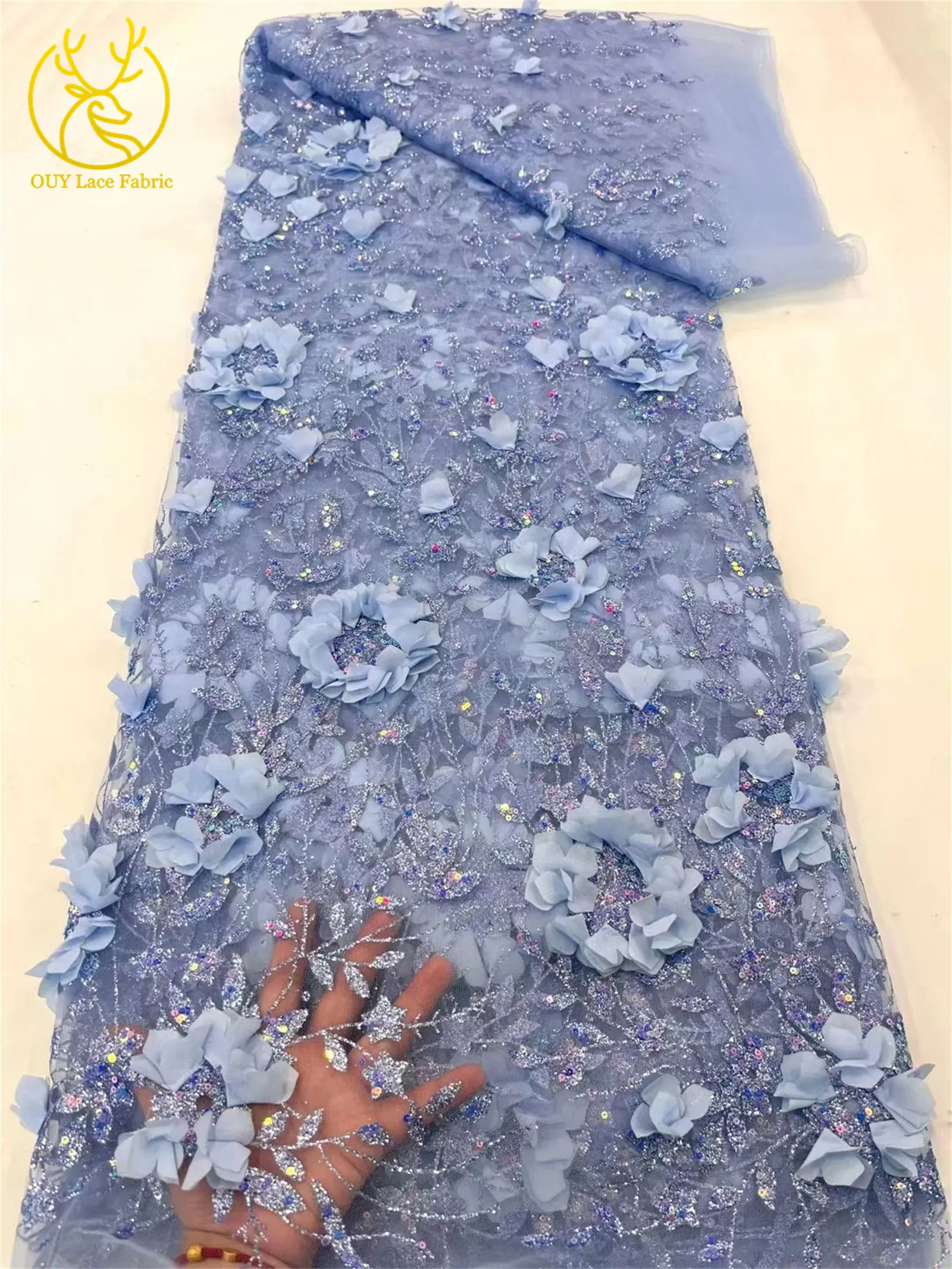 3D Blumen-Pailletten-Spitzenstoff 2026 Hochwertiger Französischer Nigerianischer Klebe-Pailletten-Spitzenstoff für Party-Hochzeitskleider Abendkleider – Detail 5