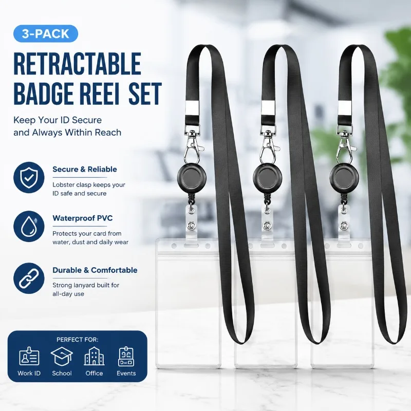 Retractable Reel PVC Credential Sleeve Matching Black Neck Strap Stretchable Pull Ring Securely Hold Work Badge Student Card