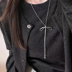 LATS Simple Bowknot Drawstring Long Necklace for Women Korean Fashion Sweater Chain Trend Jewelry Accessories Gifts