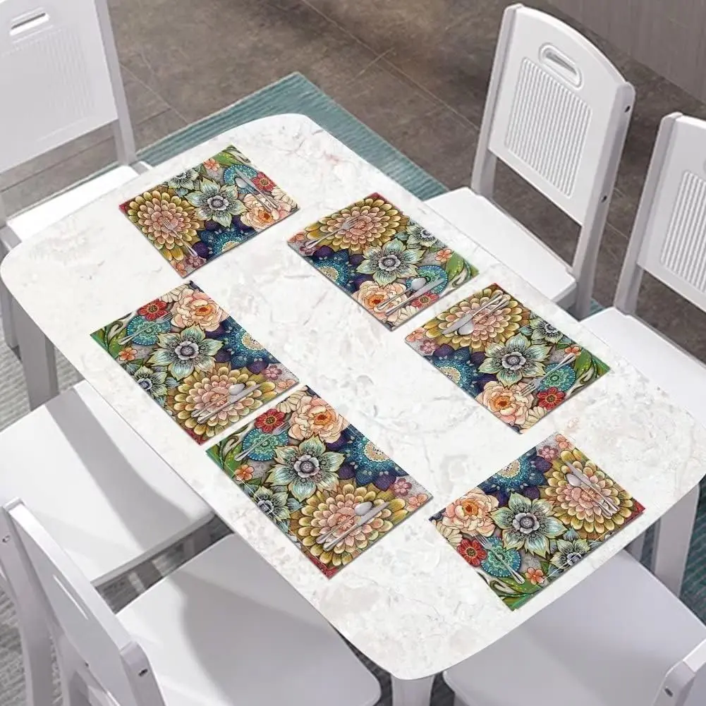 Placemats Set of 4 Dining Table Woven Vinyl Placemat Wipeable Easy to Clean Oil-Proof Non-Slip Tablemats Blooming Flowers