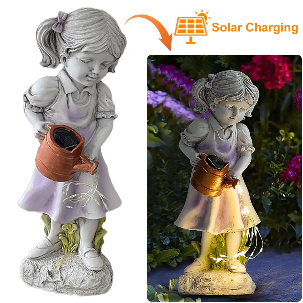 

Solar Powered Girl Figurine Light Waterproof Girl Watering Pot Sculpture Creative Girl Watering Can Decor Courtyard Decoration