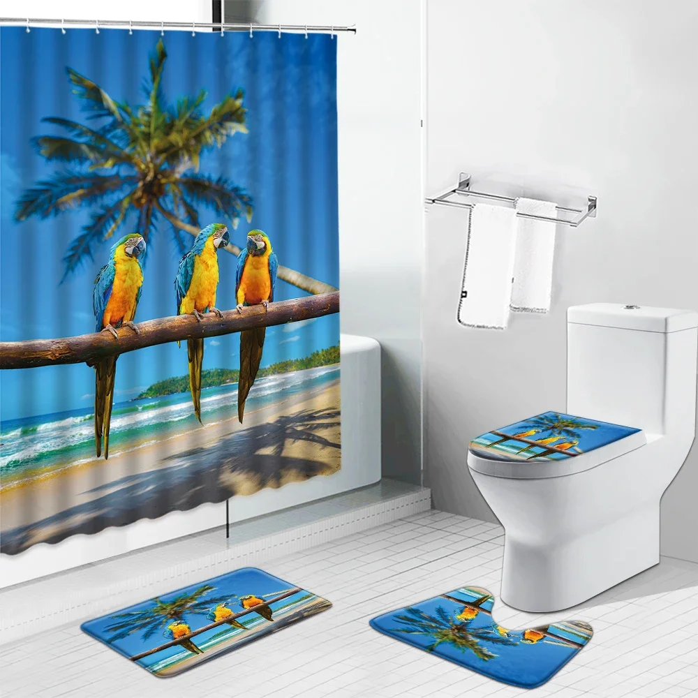 Color Parrot Ocean Beach Palm Tree Scenery Bathroom Set Waterfall Bird Print Spring Shower Curtain Toilet Cover Mat Non Slip Rug