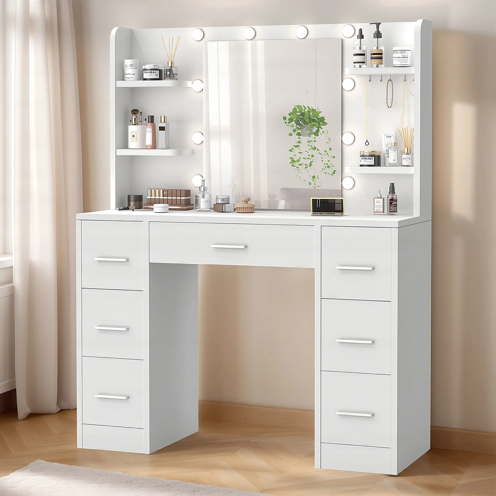 طاولة تزيين بيضاء مع إضاءة LED ومرآة، طاولة مستحضرات تجميل مع 7 أدراج، 6 أقسام، خزانة ذات أدراج حديثة لغرفة النوم